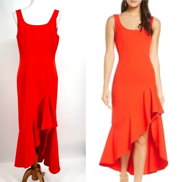 strapless open back dress Red Bardot Frill Open Back Midi Dress
